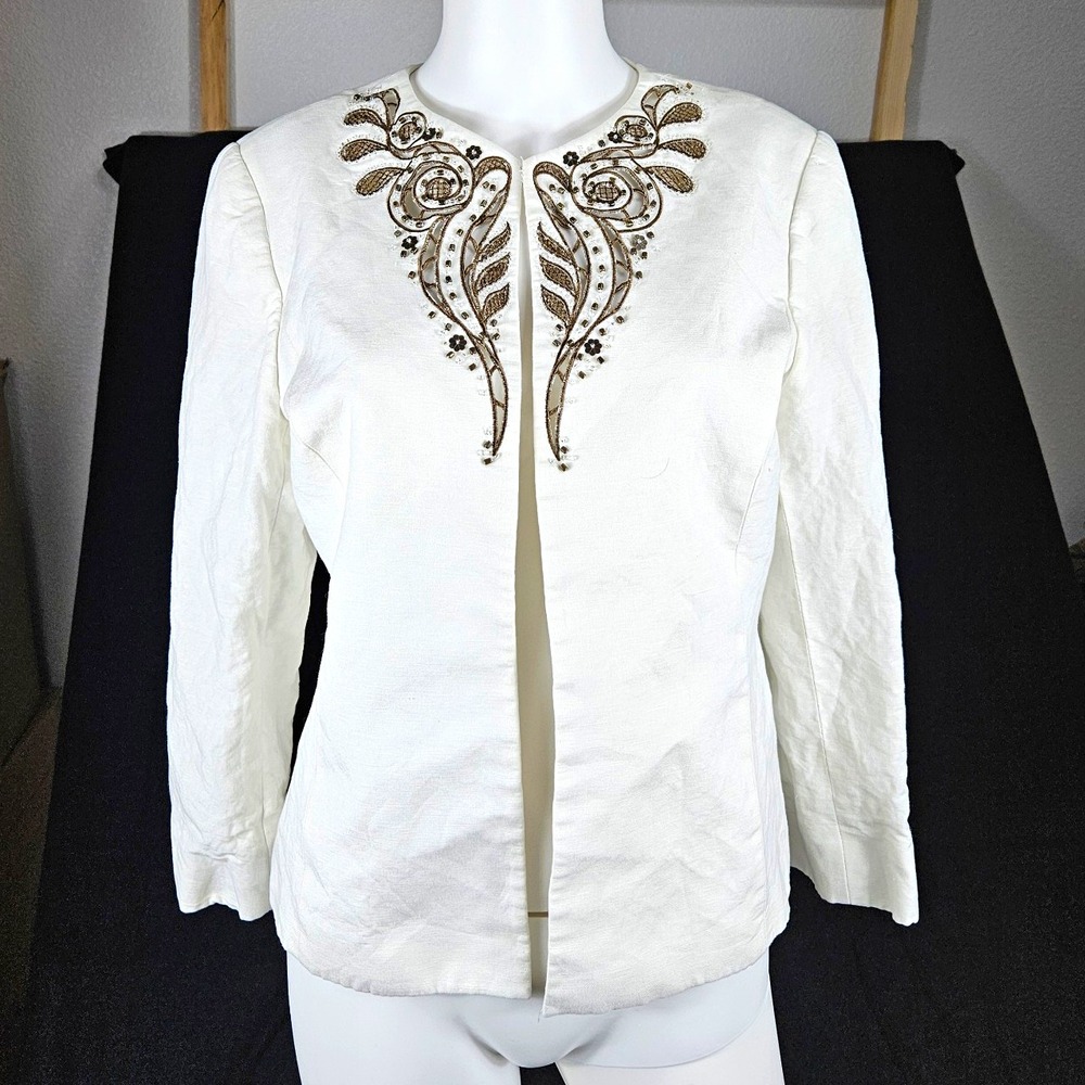 Tahari Arthur S. Levine Women's Petite 10P White Linen Beaded Lined Jacket